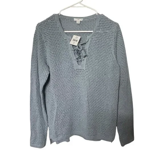 J. Jill Rain Blue Lace Up Front Crochet Open Weave Sweater Size S $89 New - Picture 2 of 8